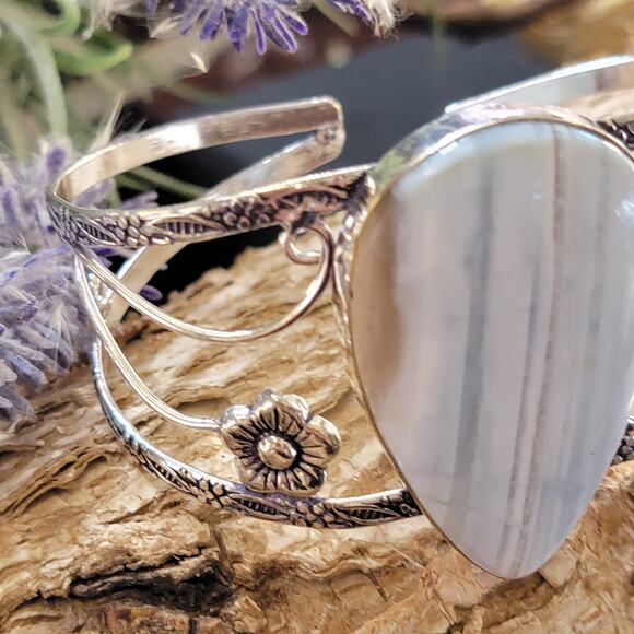 Wide Sterling Silver Cuff, Ocean Whisper Blue Agate Cuff Bracelet - Picture 1 of 10